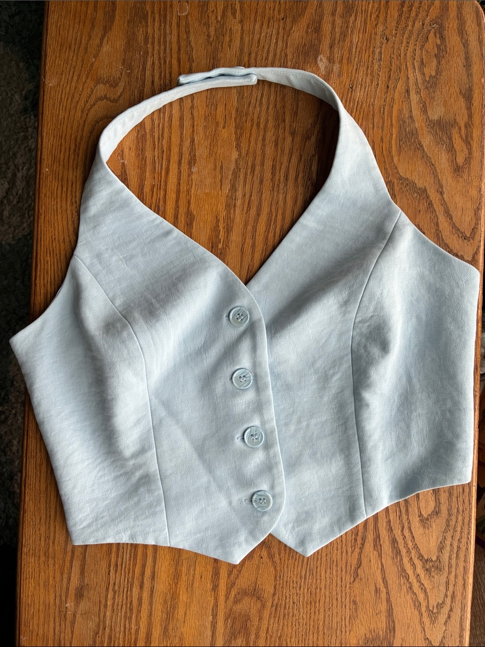 Christian Lacroix Pale Blue Halter Cropped Button-Front Top